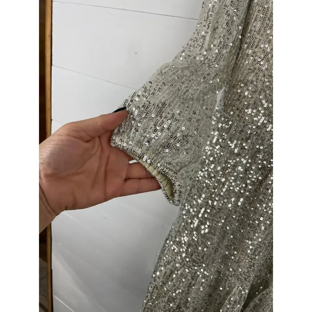 Vineyard Vines Silver Sequin V-Neck Tiered Dress Size XL Holiday NYE